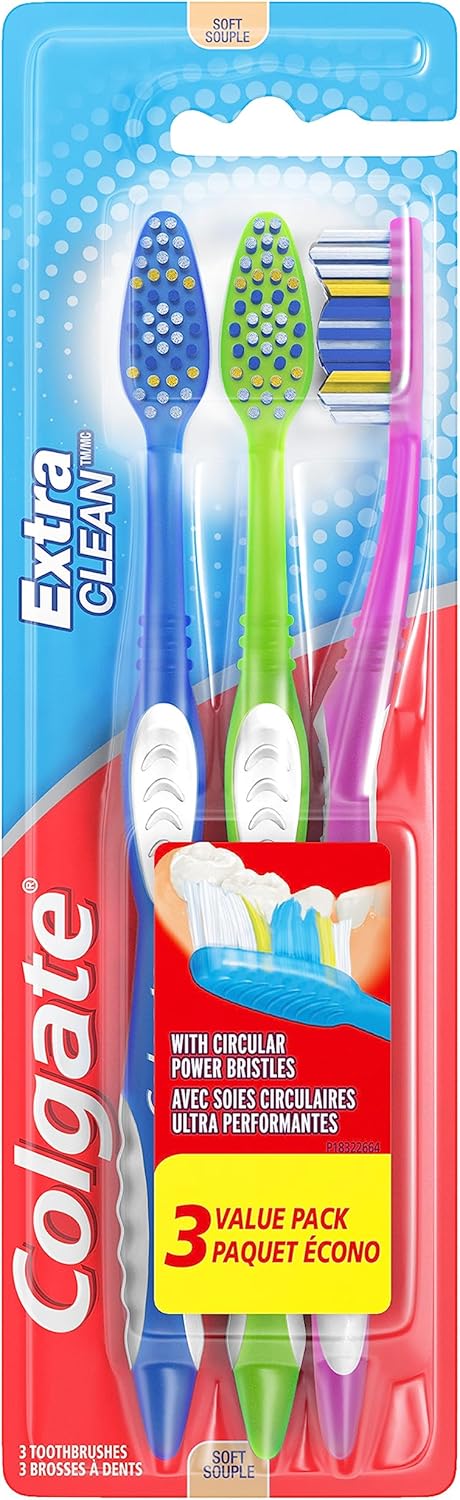 Colgate Extra Clean Toothbrush, Soft Toothbrush for Adults, 3 Count (Pack of 1)